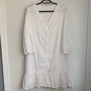 SHEIN White 3/4 Sleeve Button Down Floral Lace V-Neck Tunic Top Size Large